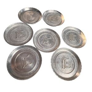 Vintage Set of 7 Coasters Janis Aluminum Initial E Silver Tone Round Coasters
